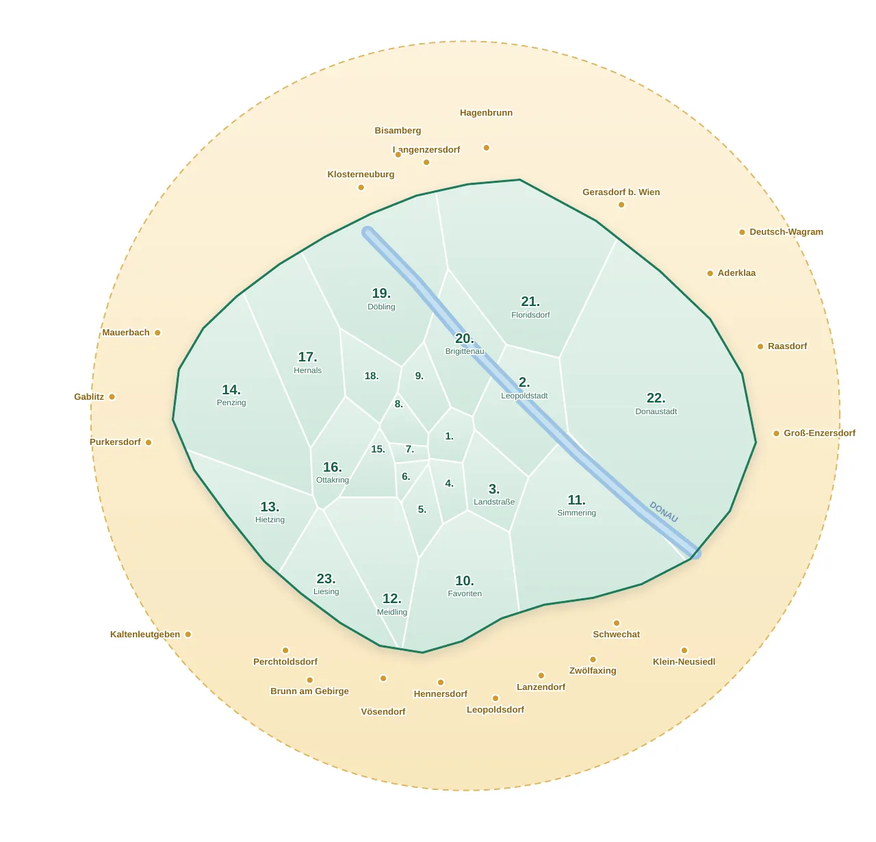 Karte: die 23 Wiener Bezirke und die 22 Gemeinden im Umland, in denen Lernmatrix vor Ort unterrichtet
